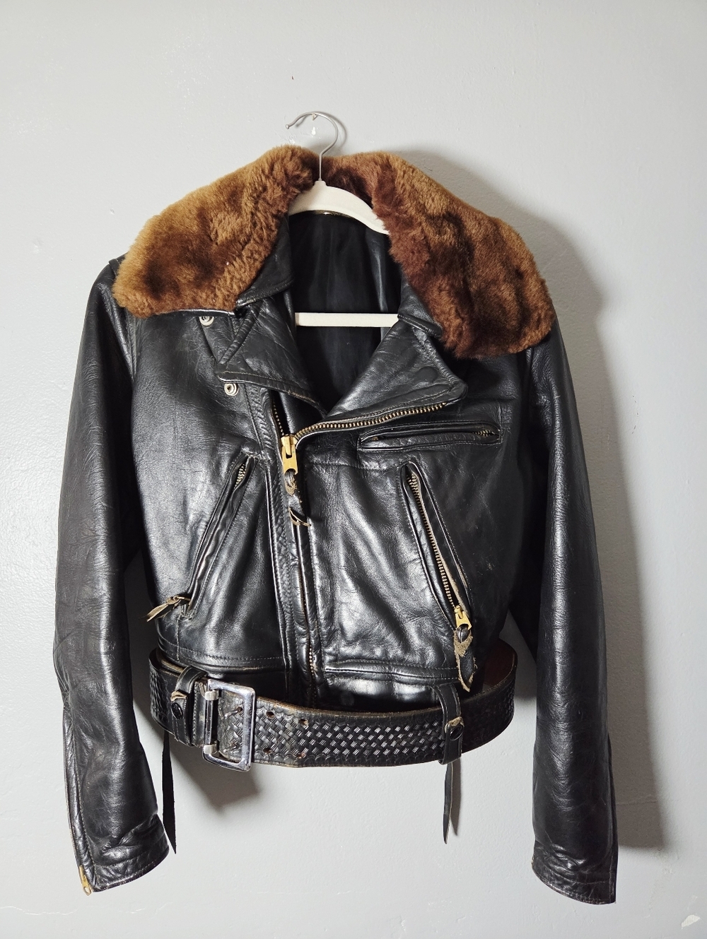 1960s Cal Leather Vintage Policeman Jacket Double Rider Jacket  Belt Included.